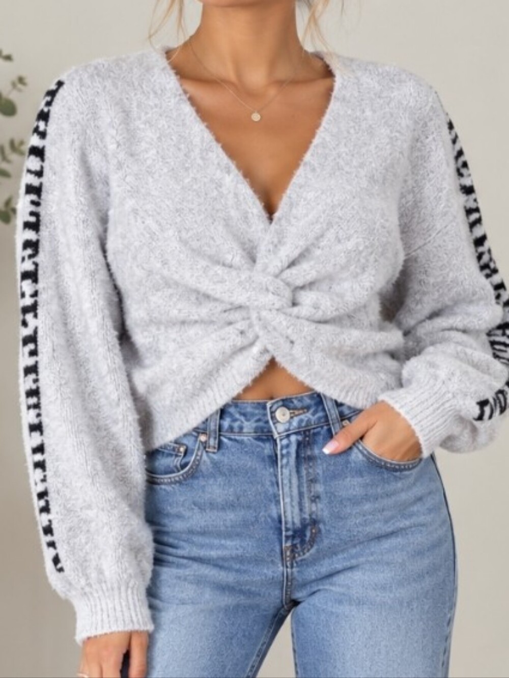 True Religion White Twist-Front V-Neck Sweater